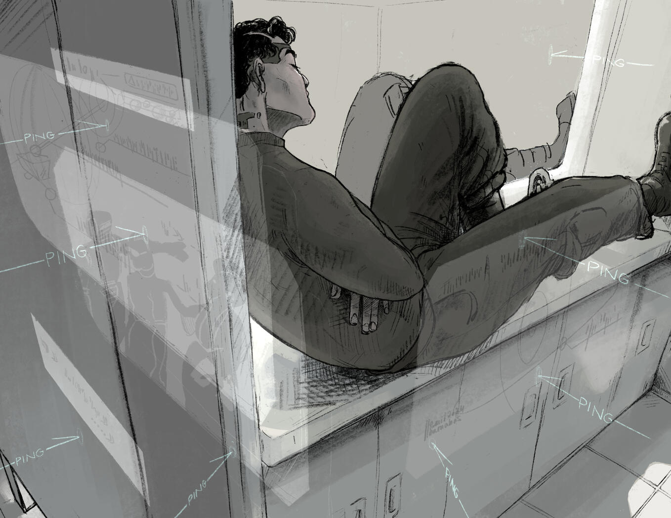 Illustration of Murderbot sitting on ART's polished bathroom counter deflecting all its pings.