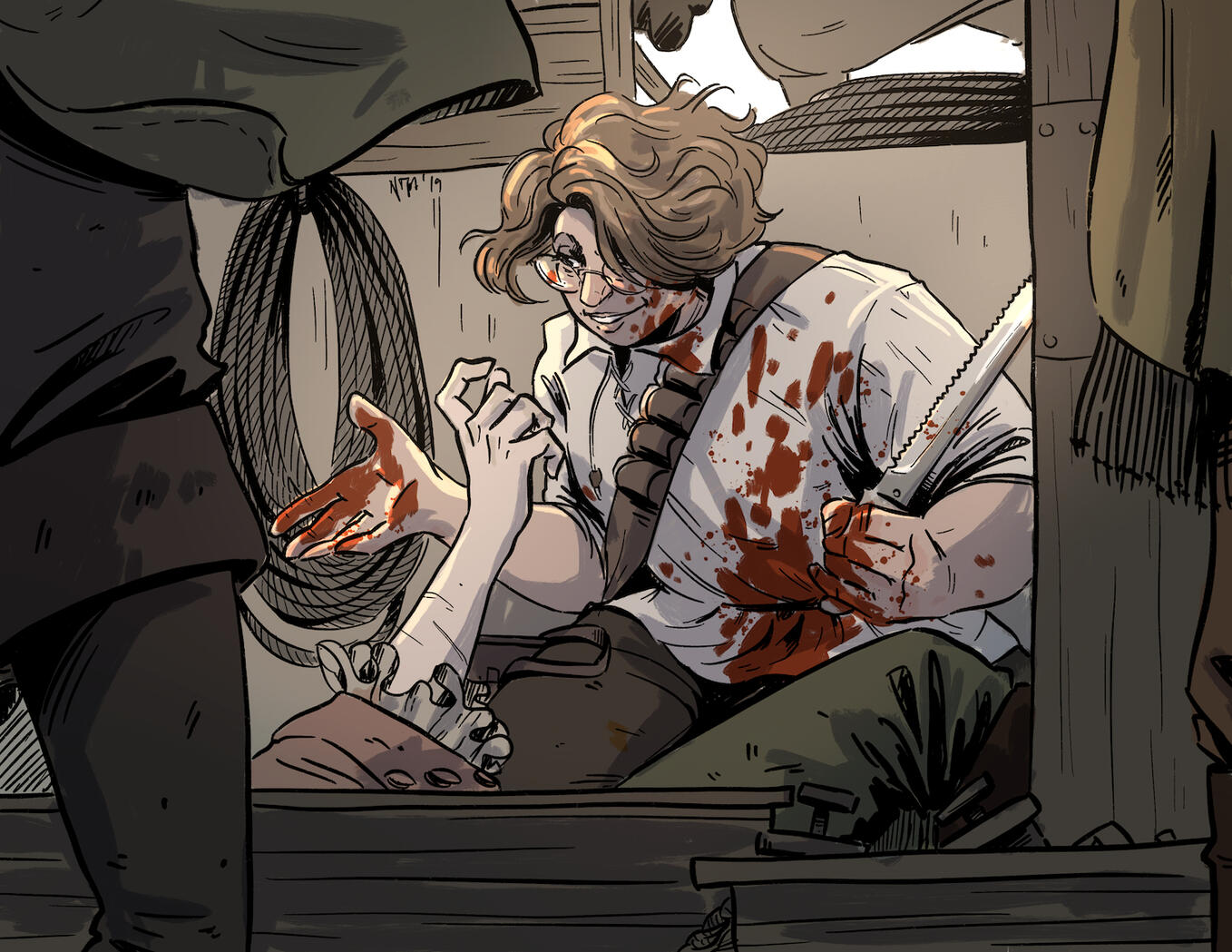 A pirate doctor covered in splatters of blood is looking at another pirate with a big smile, because they're here to help, promise.