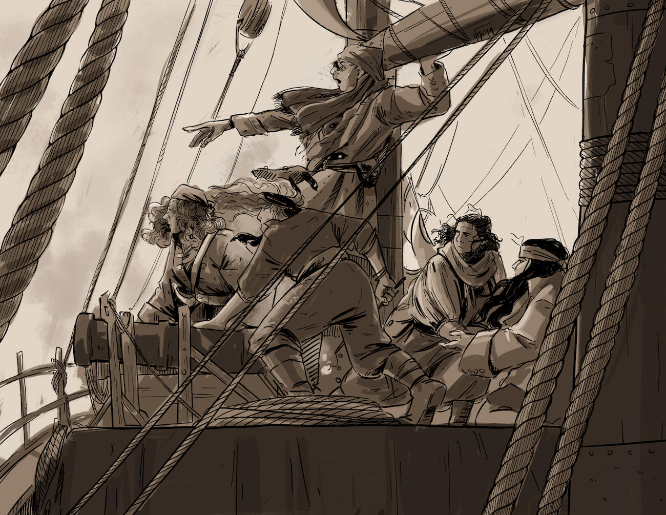 A dynamic moment of pirates loading and shooting cannons, with their leader barking orders.