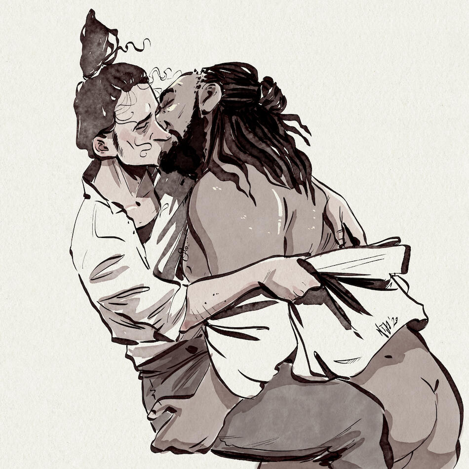 Two men kissing and undressing each other passionately.