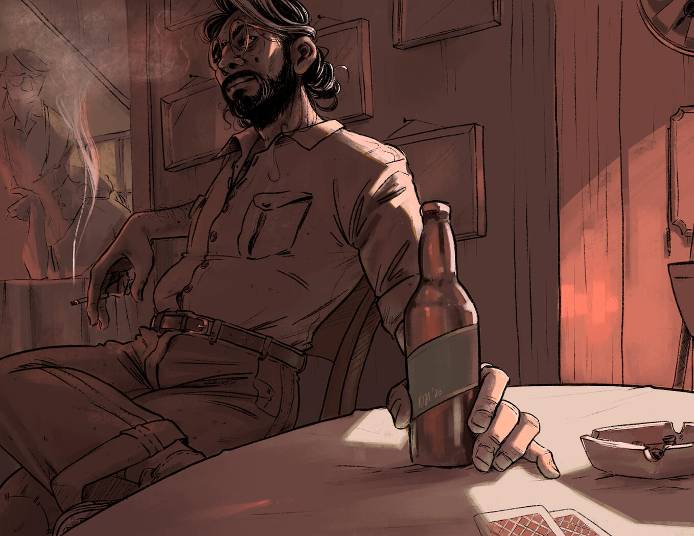 A white man with his long hair in a bun and a salt and pepper beard is sitting at a bar, enveloped in red light.