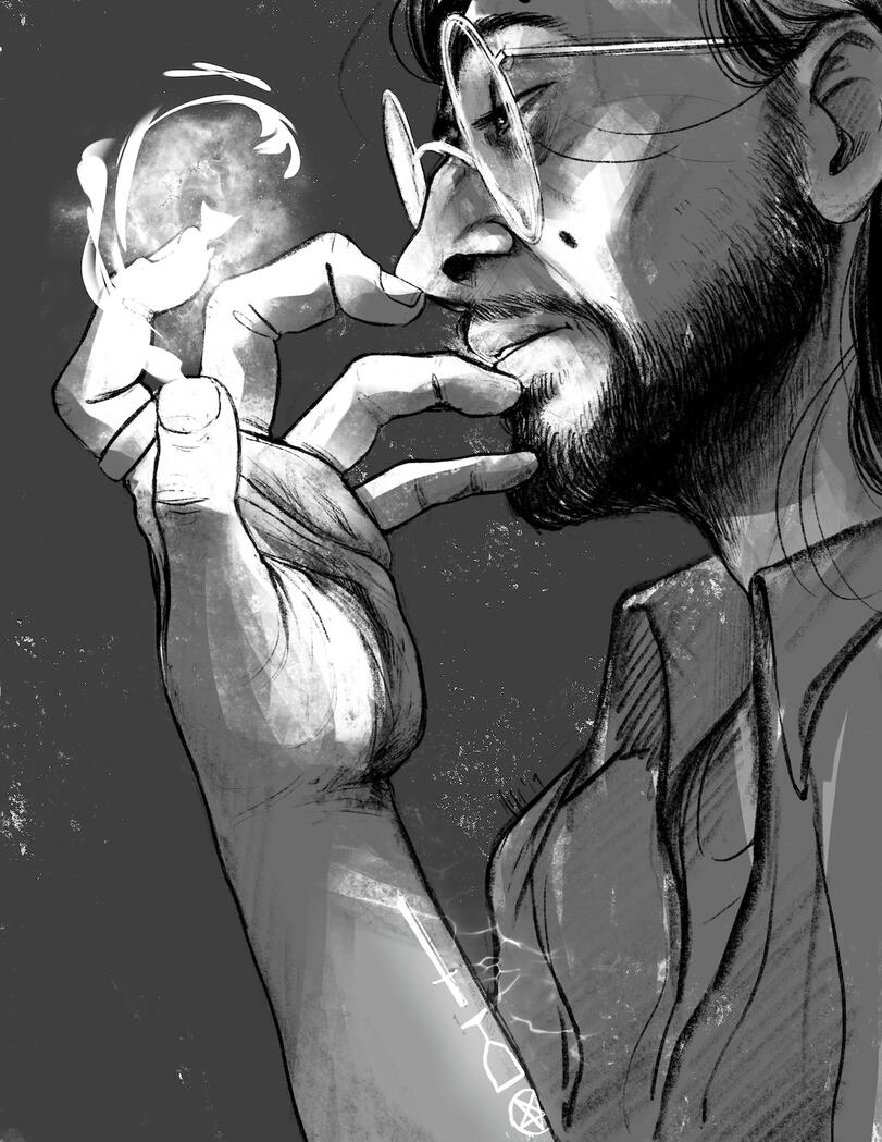 A middle-aged white guy with long hair and a salt and pepper beard is doing some glowy magic with a hand held up.
