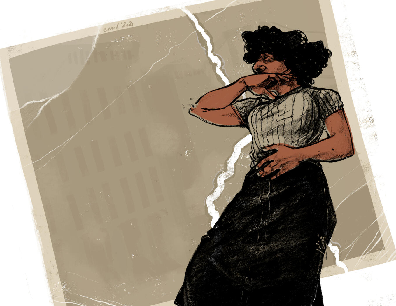 A Black woman lying on top of a stylised background of a faded cityscape photograph, with one hand on her stomach and another in front of her mouth.