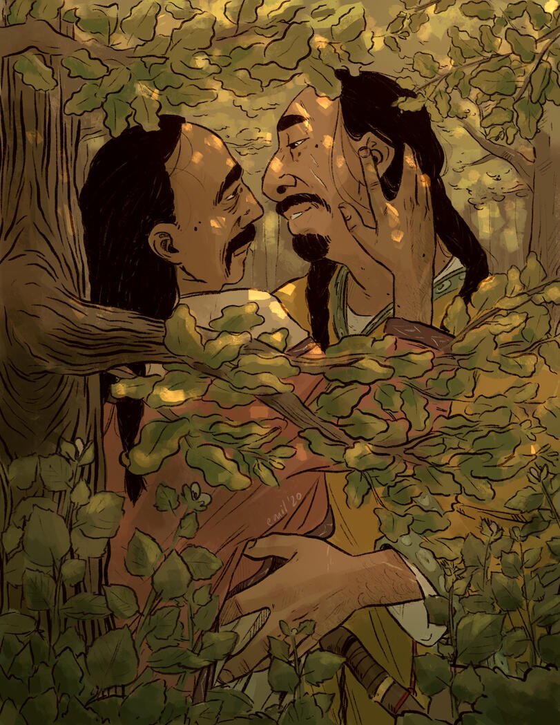 Two 10th century middle aged Magyar men are having a little rendez vous in an oak forest.