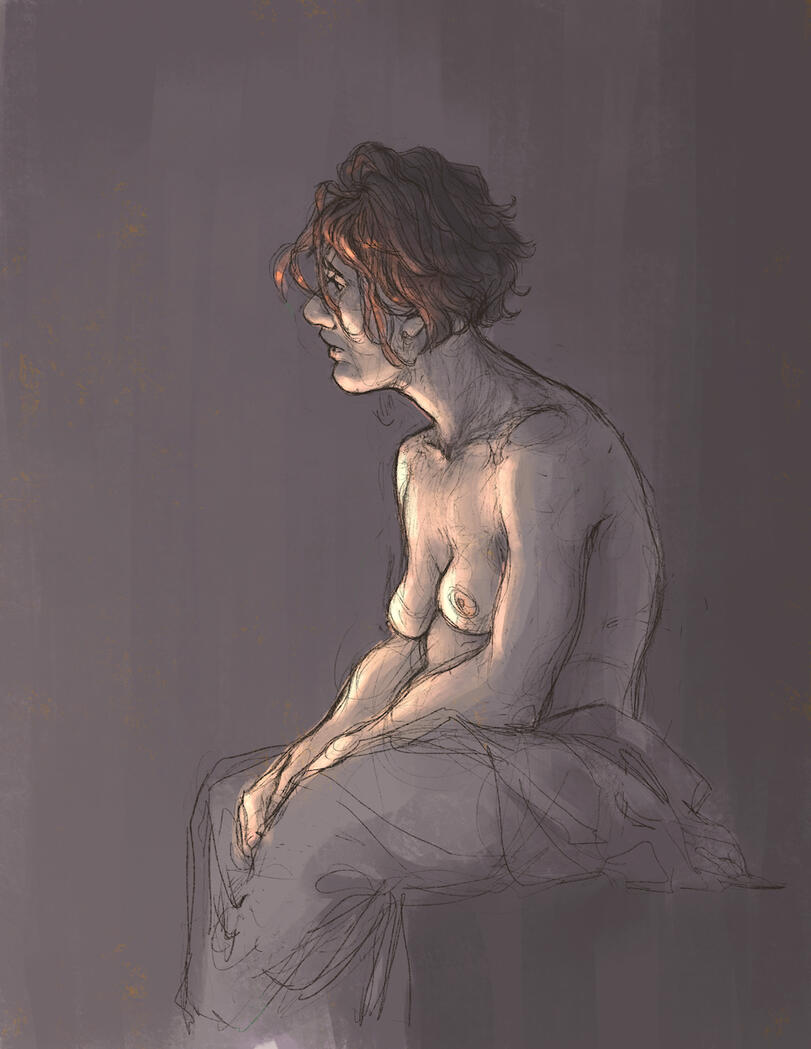A trans guy sits half naked in the dark purple haze of the evening, warmed by the fireplace light.