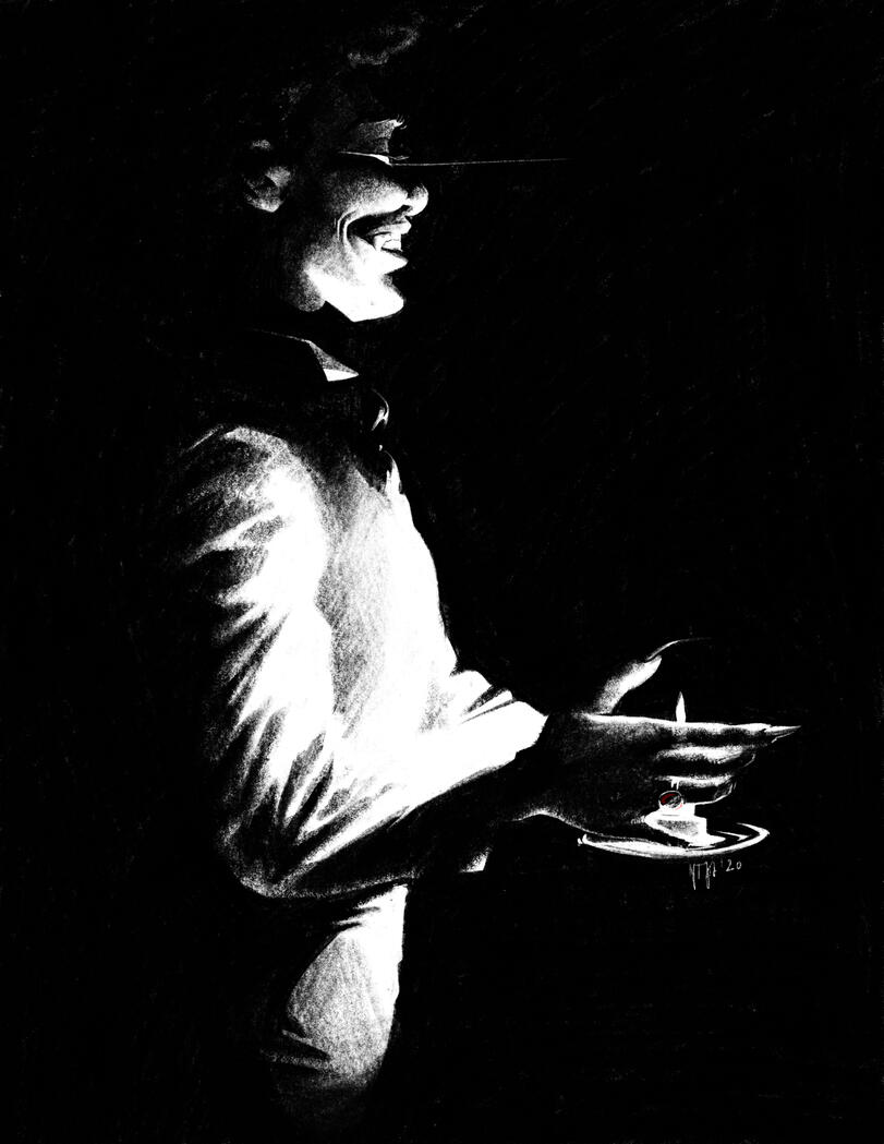 A black and white illustration of a vampire holding a candle, being lit exclusively by said candle. She's smiling showing sharp canines.