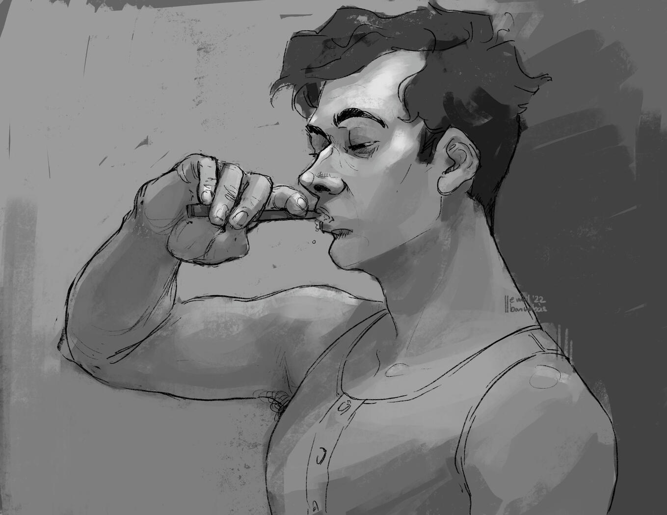 A greyscale drawing of a young white man brushing his teeth, holding the tooth brush like a violin bow.