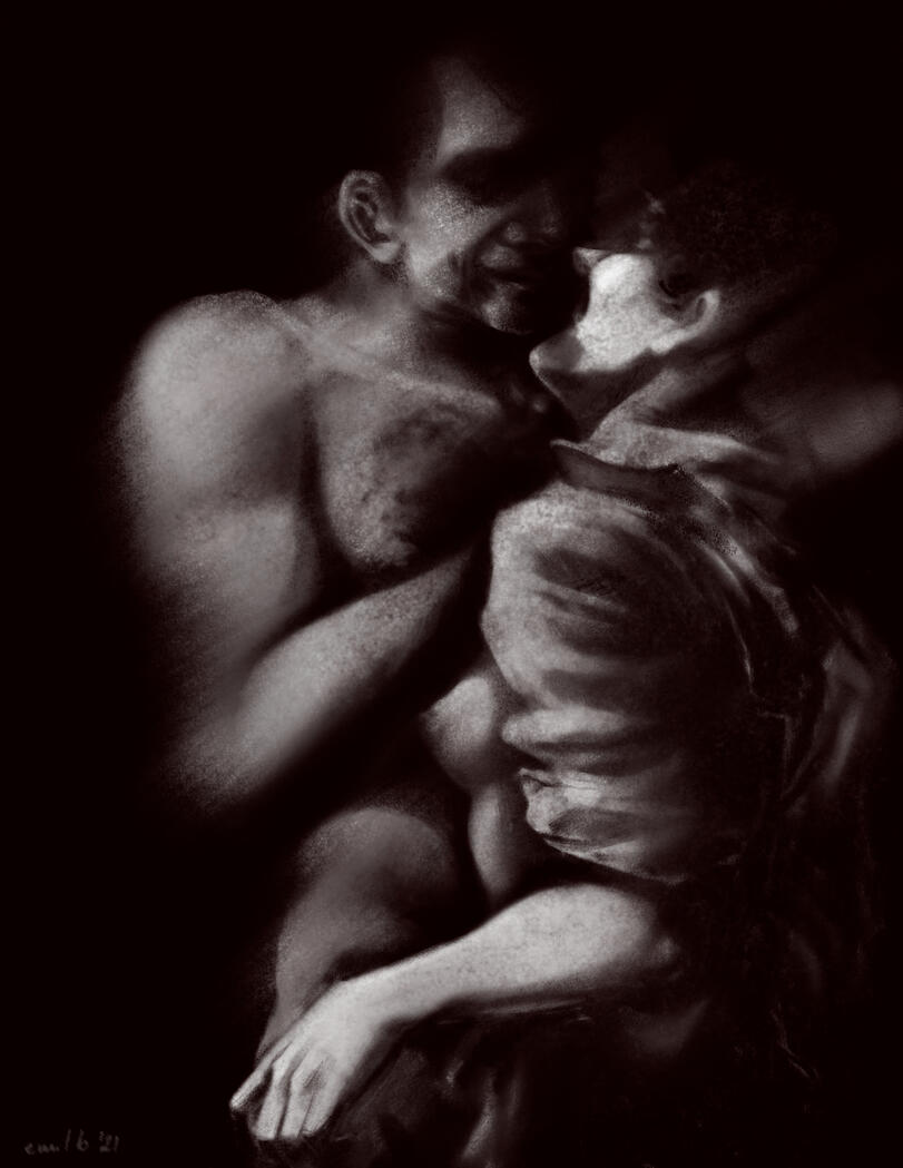 A blurry dreamy greyscale digital charcoal illustration of two man kissing and undressing each other.