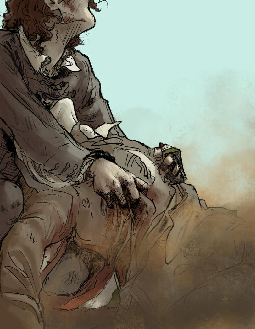 Two young men, one of them holding the other as he's dying. Neither of their faces are seen. They're wearing mid 19th century military outfits. They are under a bright blue sky with dust swirling around them.