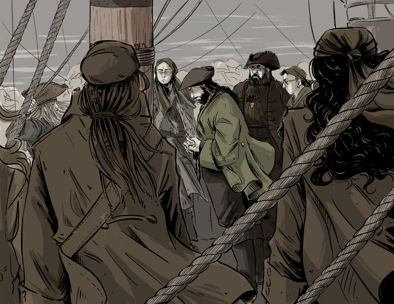 A quiet moment of a group of pirates surrounding a pirate and listening to his confession. The central pirate hangs his head in shame.