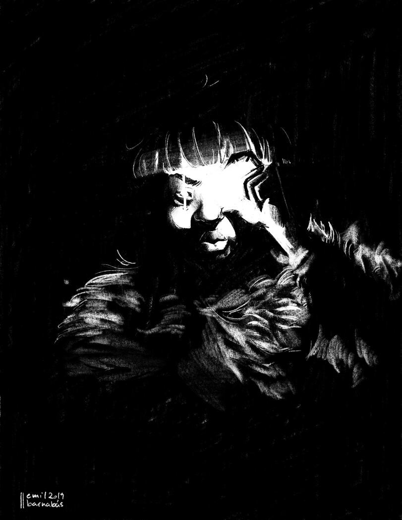 Black and white illustration of a person holding a glowing stone in front of one eye as they look at us, the viewer. They are illuminated by said stone, a dangerous reflection glimmering in their visible eye.
