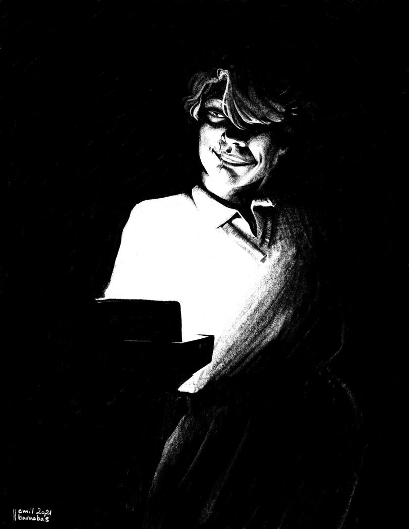 Black and white illustration of a woman looking into a glowing box with a scheming grin on her face. She's illuminated exclusively by whatever is glowing inside the box.