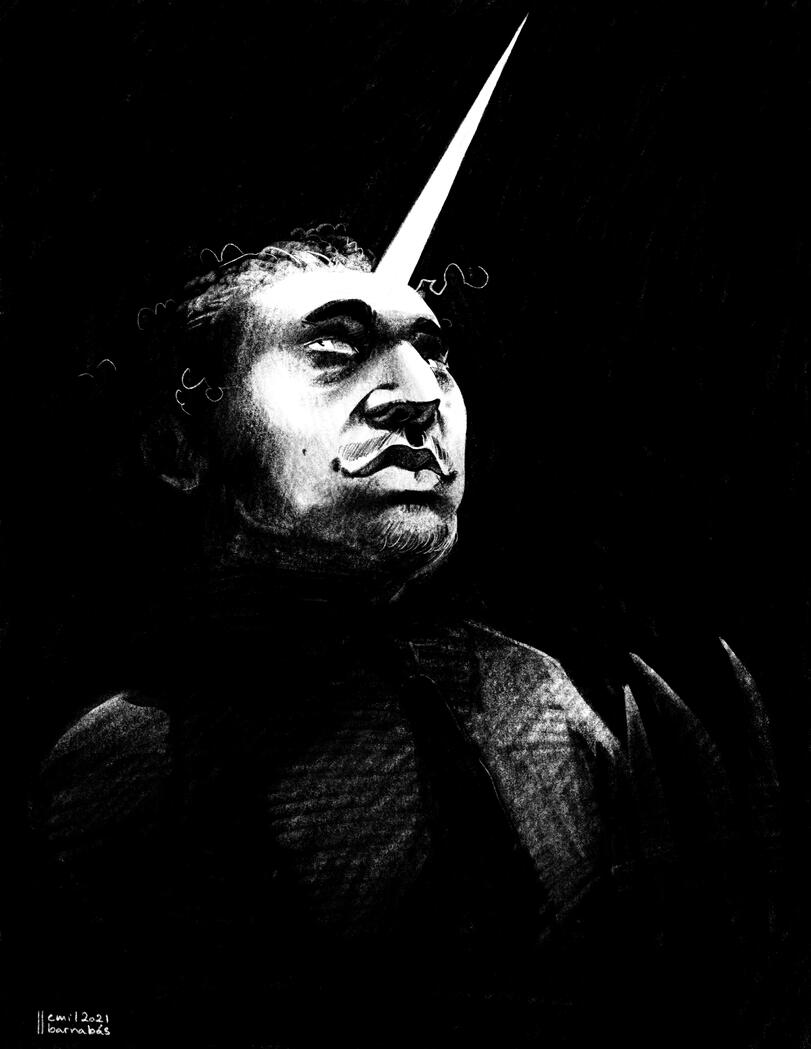 Black and white illustration of a person with a glowing unicorn horn. He's illuminated starkly by the horn, the light bouncing off of sharp long claws.
