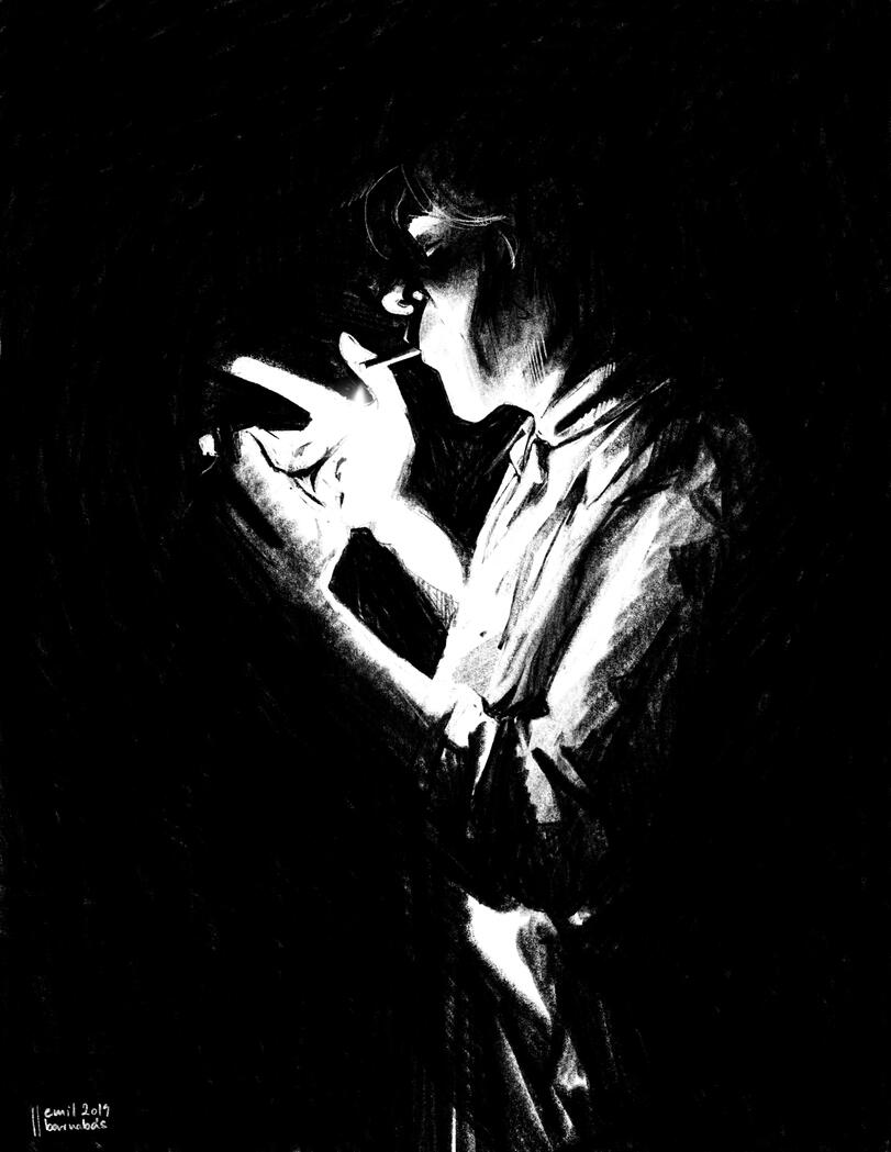 Black and white illustration of a person lighting a cigarette. They're illuminated by the light of the match only.