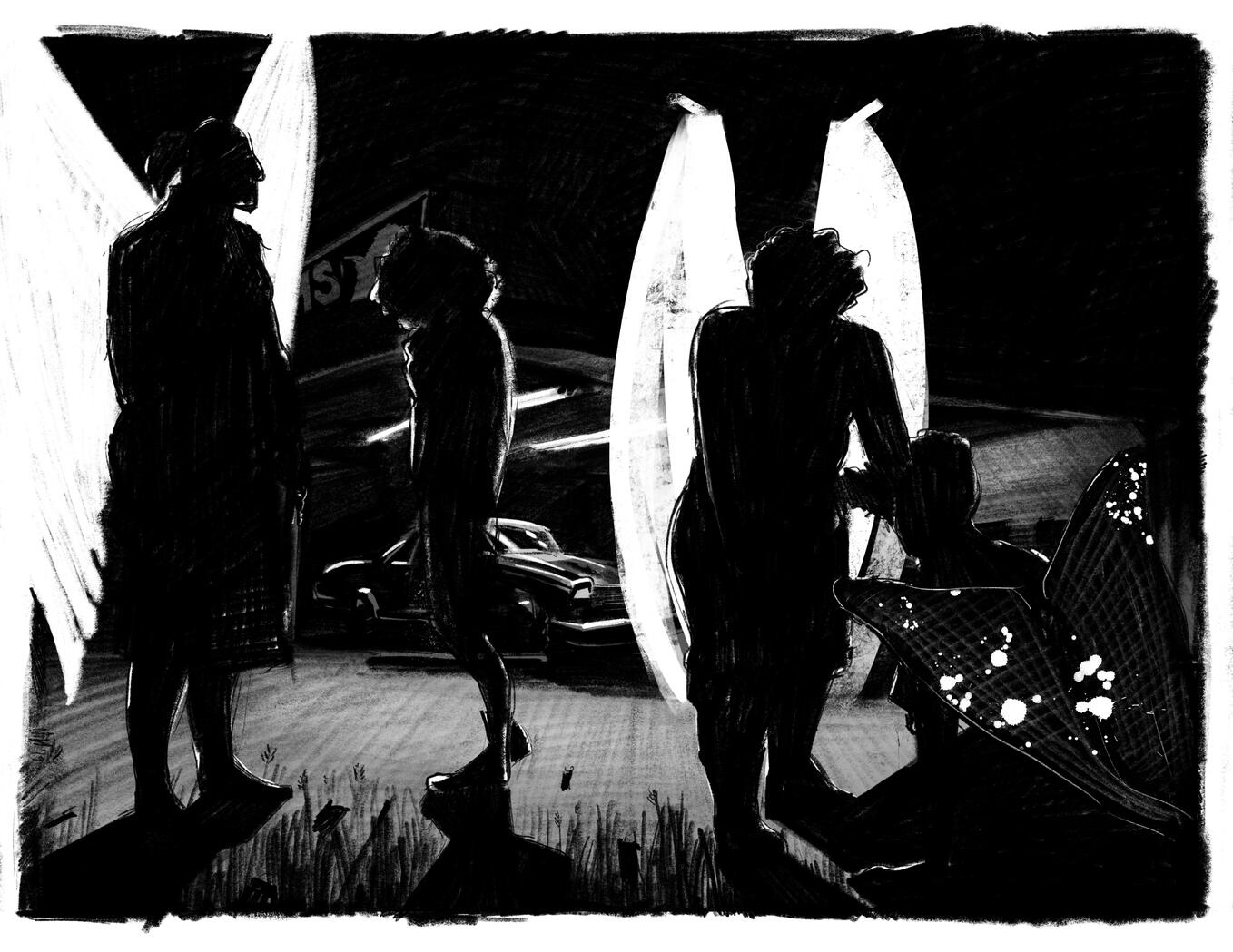 A stark black and white illustration of four angels of different stature and with different wings standing in the night lit from behind by the lights of a gas station.