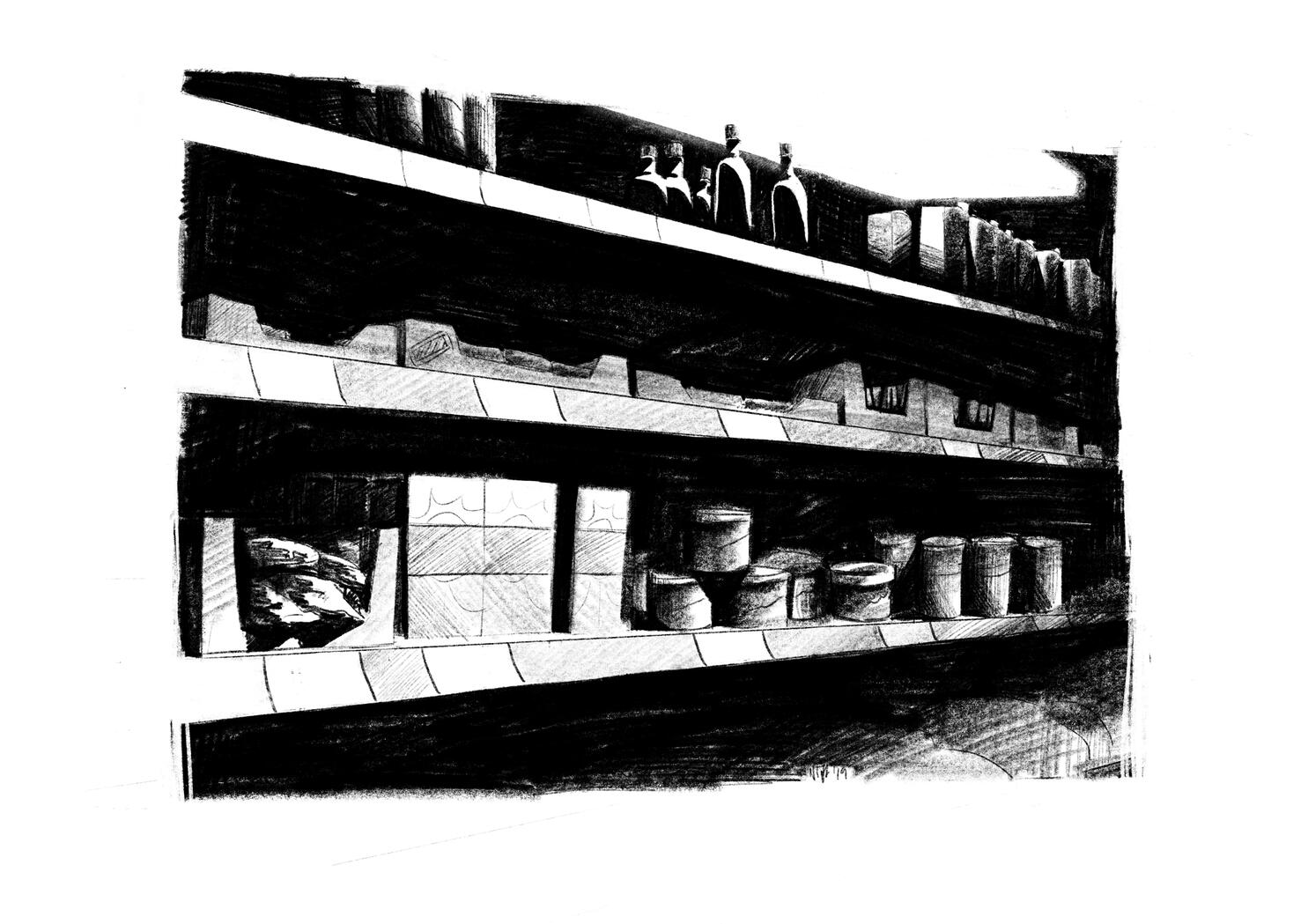 A black and white spot illustration of some grocery shelves with products on them, lit starkly from above by neon lights.