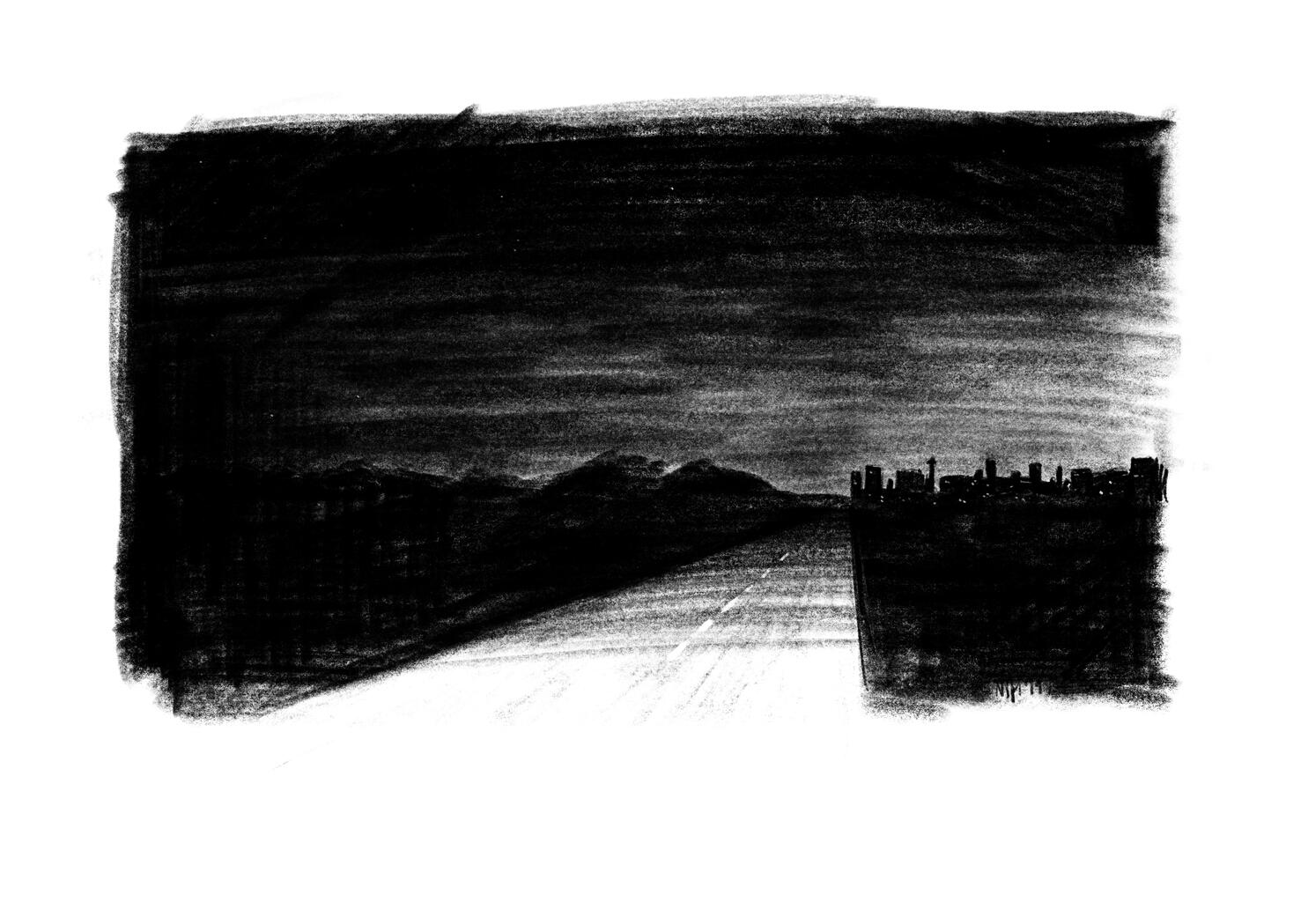 A black and white spot illustration of a sunset or maybe a dawn over a city in the distance, a wide road leading our eyes to it.