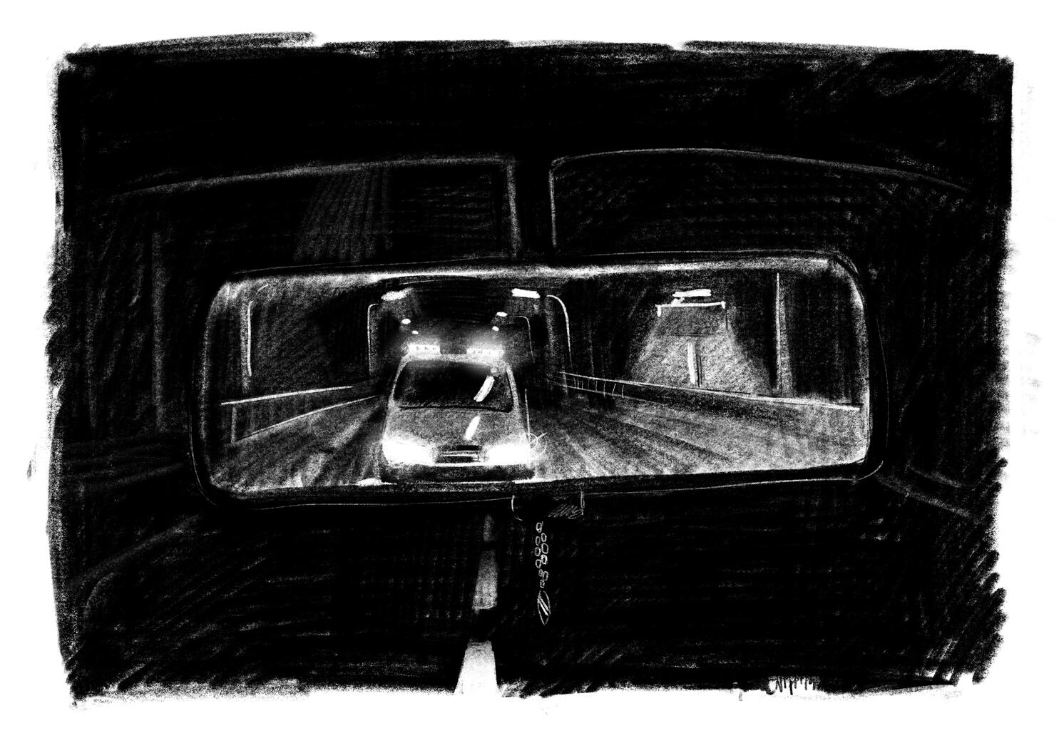 A black and white illustration of a police car seen in a car mirror on a highway at night.