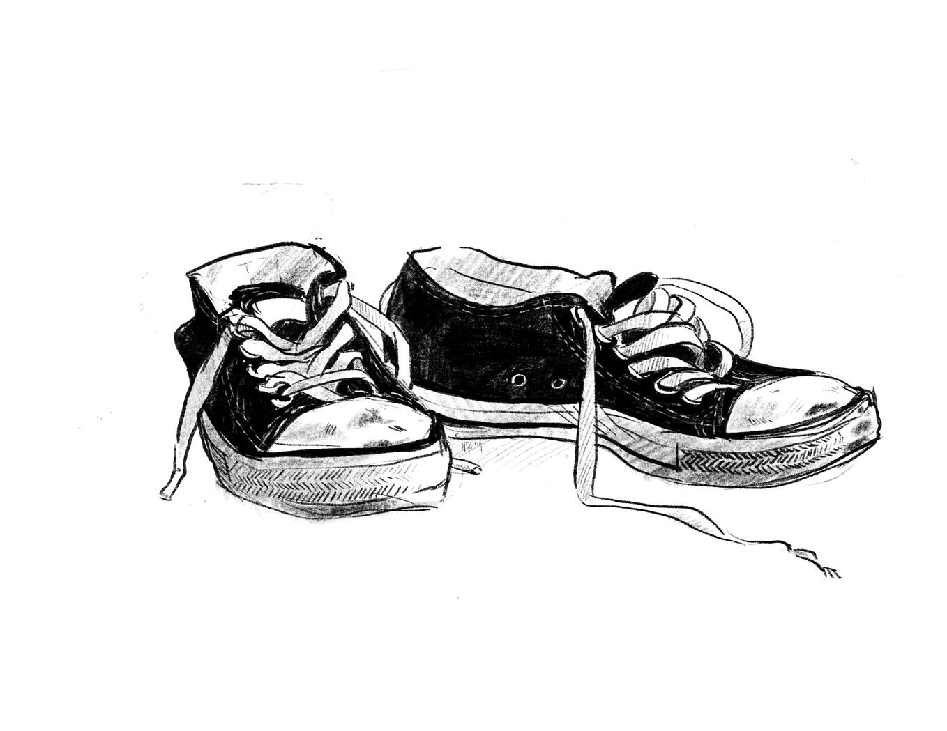 A black and white spot illustration of a pair of converse shoes lying abandoned.
