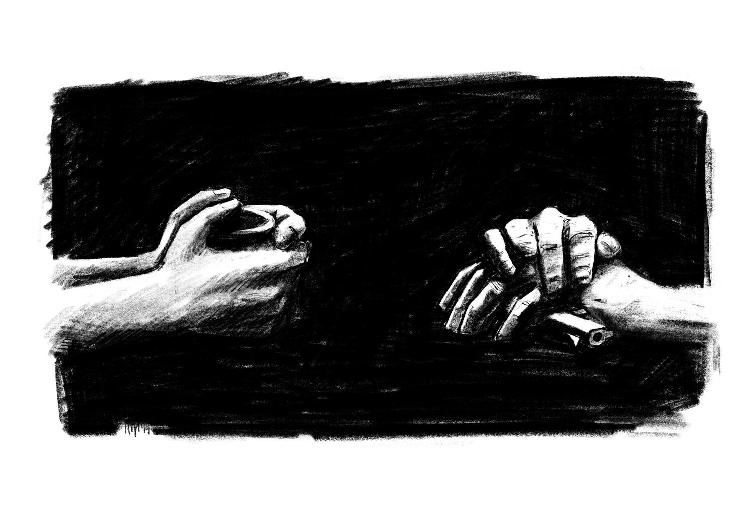 A black and white illustration of two hands resting on a table facing each other. One pair is holding a mug, and the other is resting on a handgun.